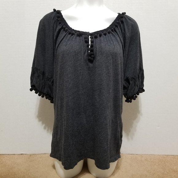 C. Keer top Small peasant pom trim floral embroidered bogo keyhole Anthropologie - Picture 1 of 10